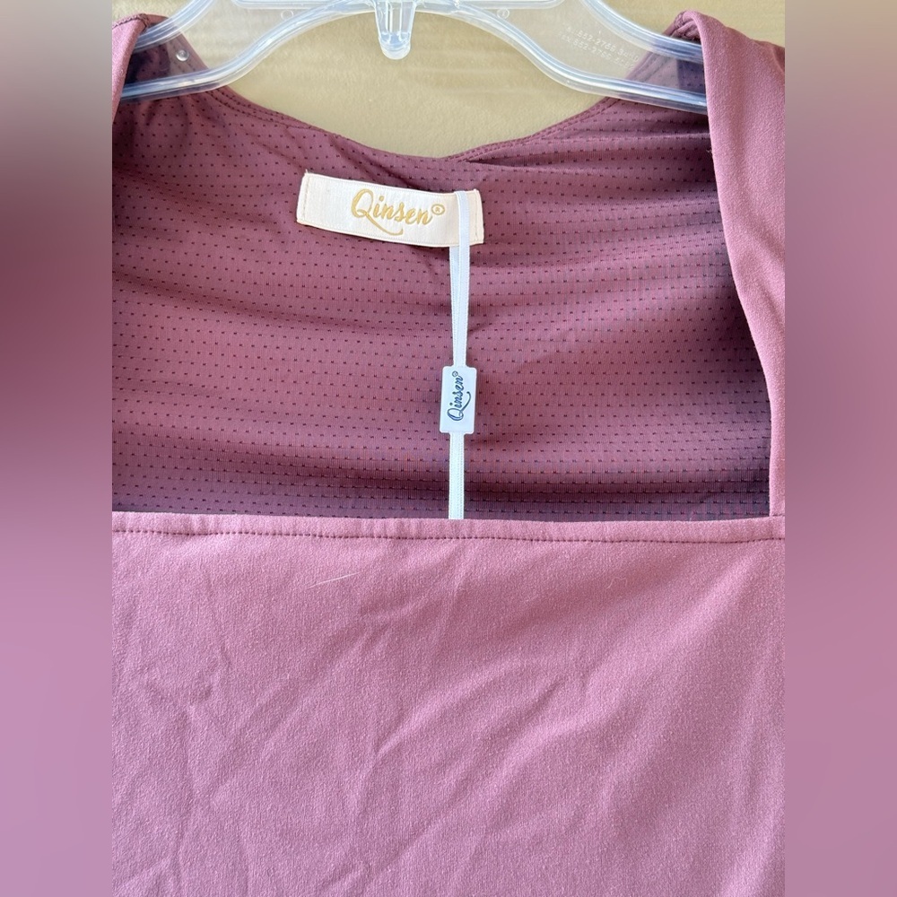 Qinsen Women's Brown Taupe Square Neck Bodysuit Romper Activewear Jumpsuit Sz L - Picture 7 of 9